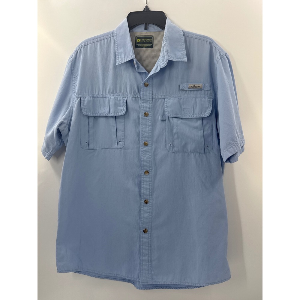 GH Bass Explorer Mens Large Light Blue Short Sleeve Fishing Hiking Shirt Vent